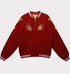 Red bomber coat with intricate dragon embroidery, zipper closure, ribbed cuffs, and stand collar.